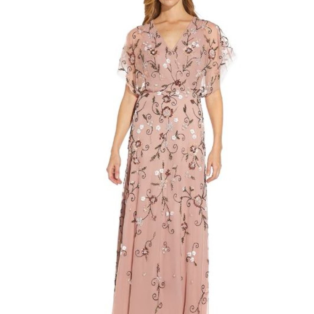 Adrianna Papell Pink Floral Embellished Sequin Gown Flutter Sleeve